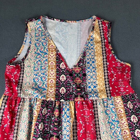 Bohemian L Multicolor Sleeveless V-Neck Dress Tiered Hem Polyester Lightweight - Picture 2 of 7